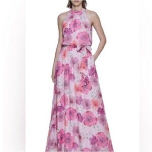 JESSICA HOWARD. Pink Floral Print Halter Gown